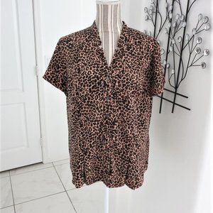212 Leopard Cheetah Print Short Sleeve Blouse Top Button Down V Neck XL